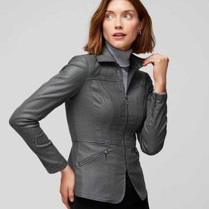 WHBM WASHABLE! Seamed Coated Denim Moto Jacket Leather Look Stretchy Moonwalk 14
